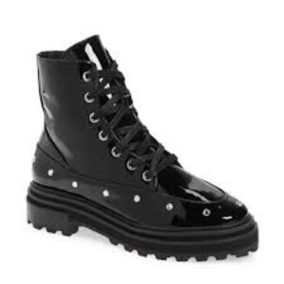 SCHUTZ Shoes - SCHUTZ Abeli Patent Leather Combat Boot Black Lug Sole 7.5 w Gems GOTH GRUNGE